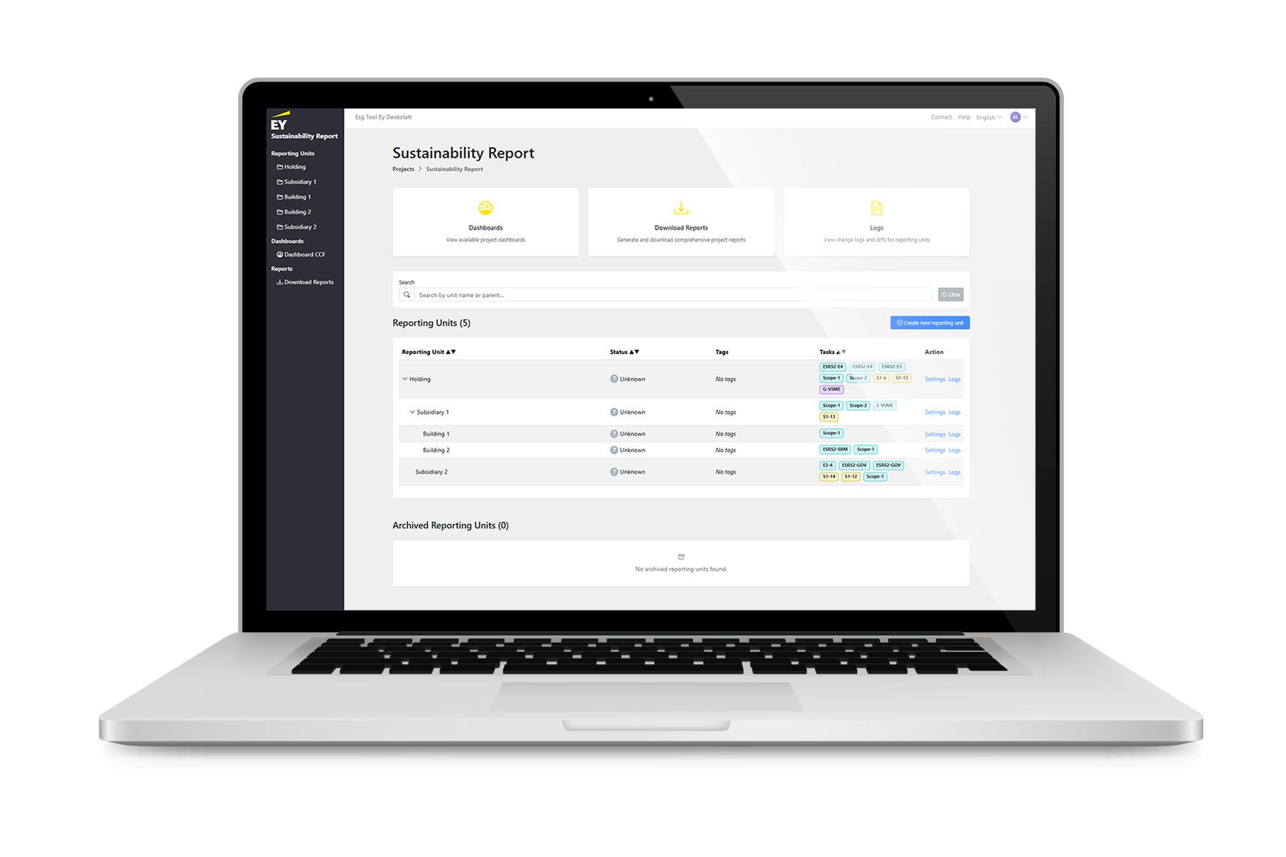 Das ESG Plug & Play Tool bildet Organisationsstrukturen flexibel und modular ab – von einfachen Setups bis hin zu komplexen Konzernstrukturen. Unternehmen werden genau dort abgeholt, wo sie aktuell in der ESG Datenerhebung stehen. Strukturen, Rollen und Verantwortlichkeiten lassen sich schrittweise erweitern und an wachsende Anforderungen anpassen.