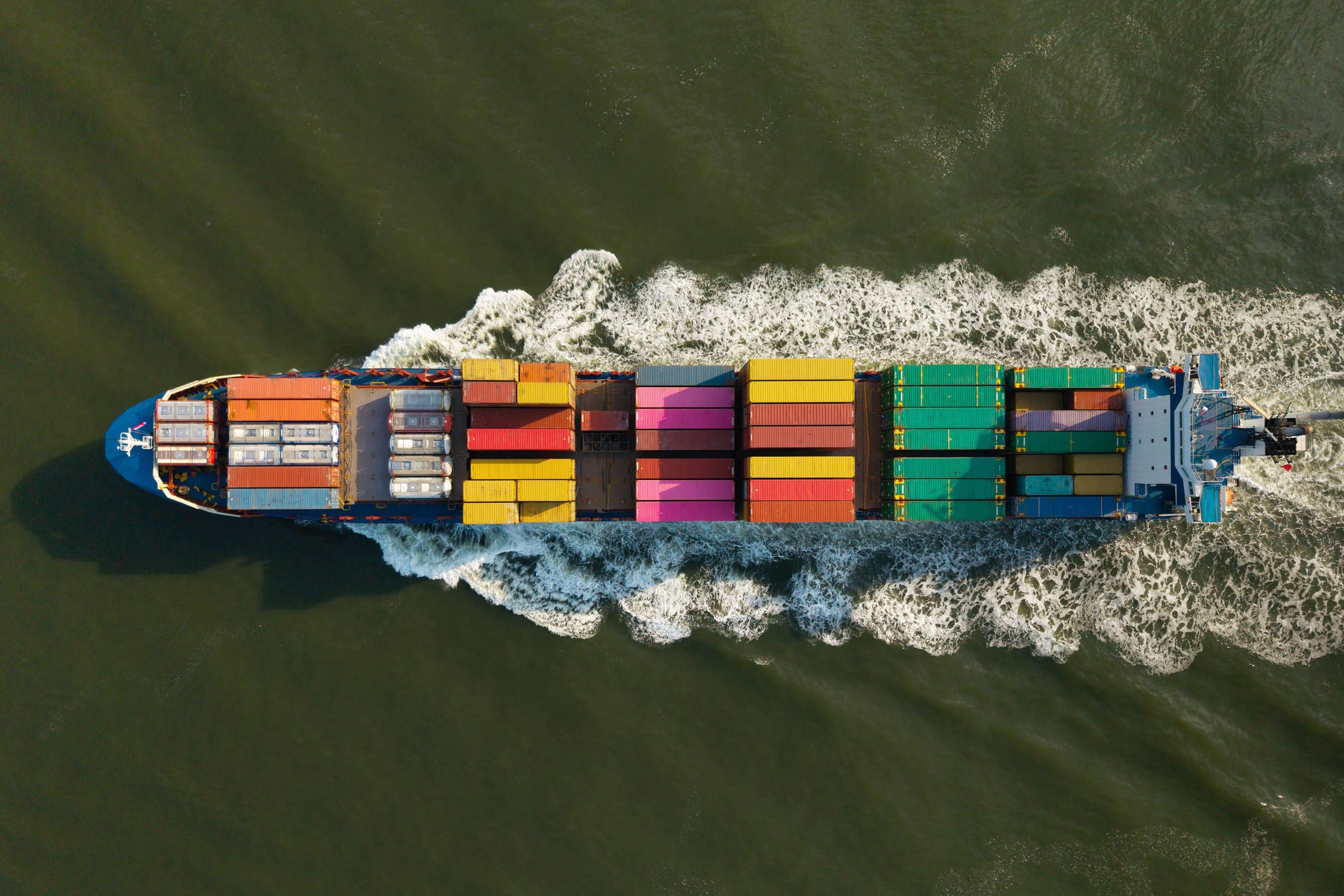 Aerial view of a containership at sea in the Netherlands