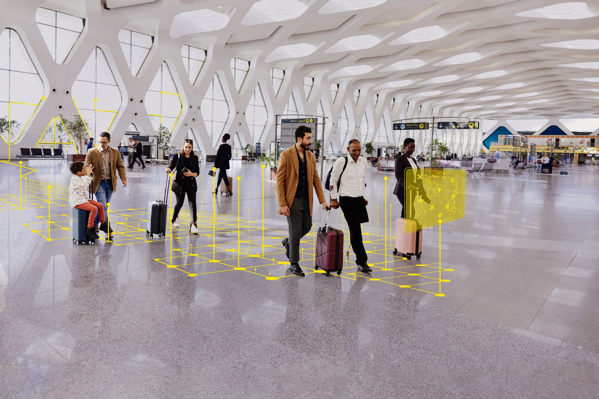 Wide shot of disabled traveler walking through airport terminal with friend before catching flight