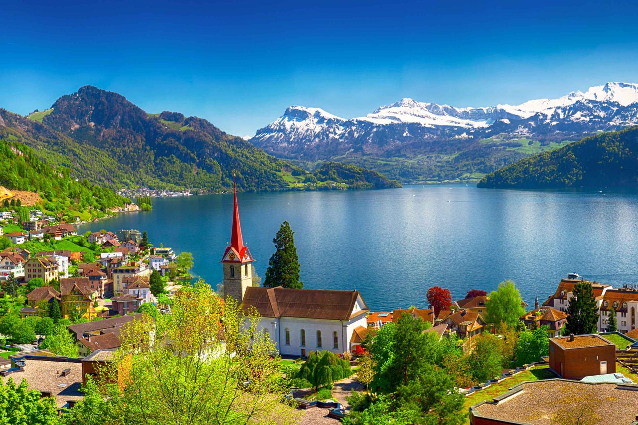 Panorama image of village Wegis, lake Lucerne (Vierwaldstatersee