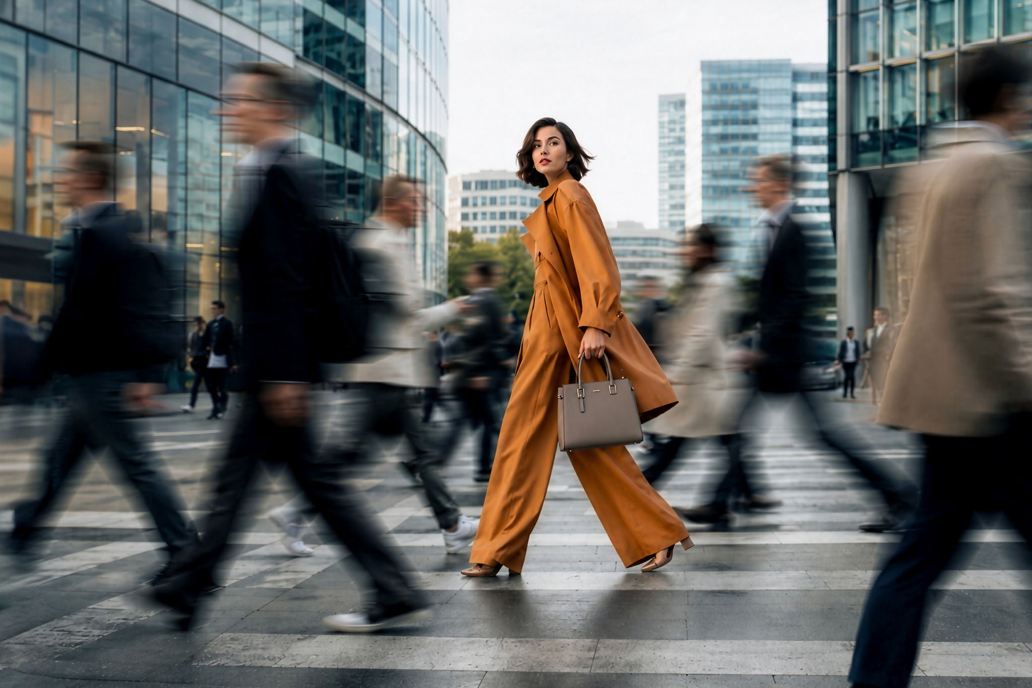 Vrouw in zakelijke outfit in een wazige massa mensen