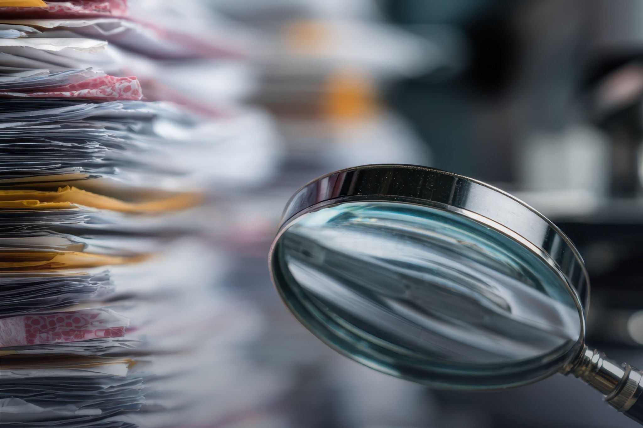 Lupe und Dokumente im Hintergrund