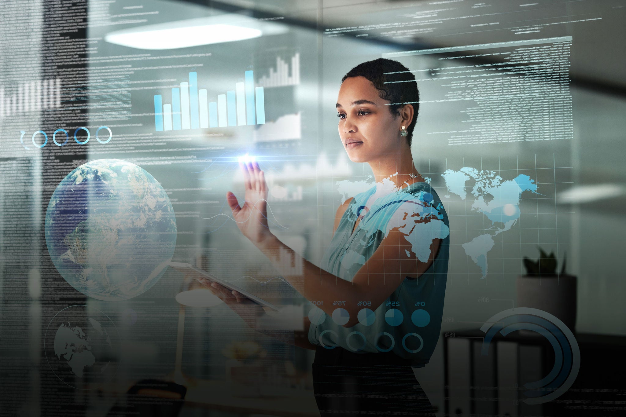 World, tablet and overlay with a business black woman using an ai or ux interface to access the metaverse of data. Digital, future and information with a global network working on a 3d hologram.