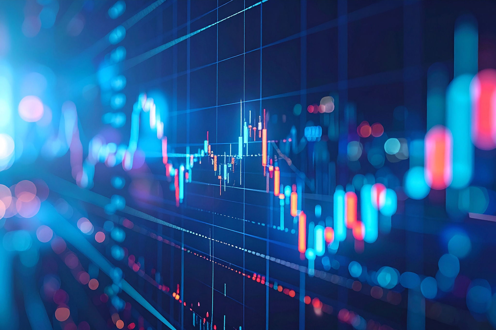 Digital financial chart with blue and pink candlestick data on a dark background.