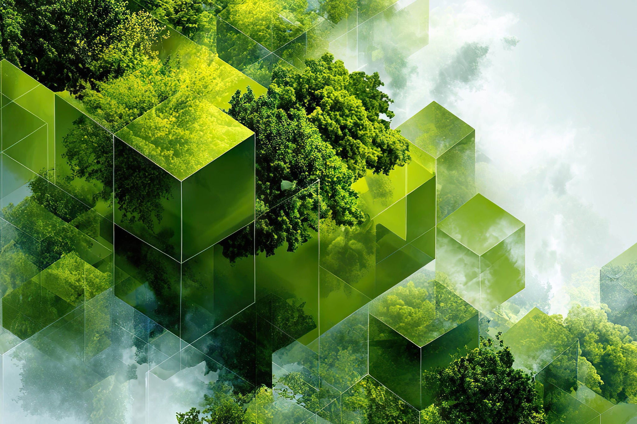 Futuristic digital background representing ecology, forest growth and sustainable technology