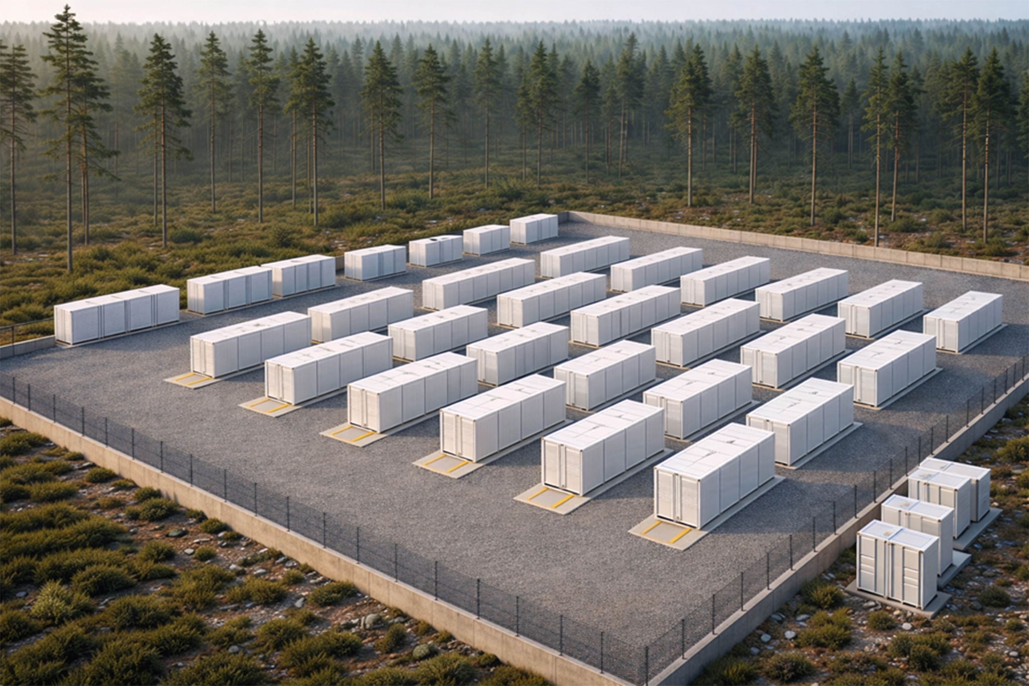 Multiple battery energy storage containers installed in misty woods.
