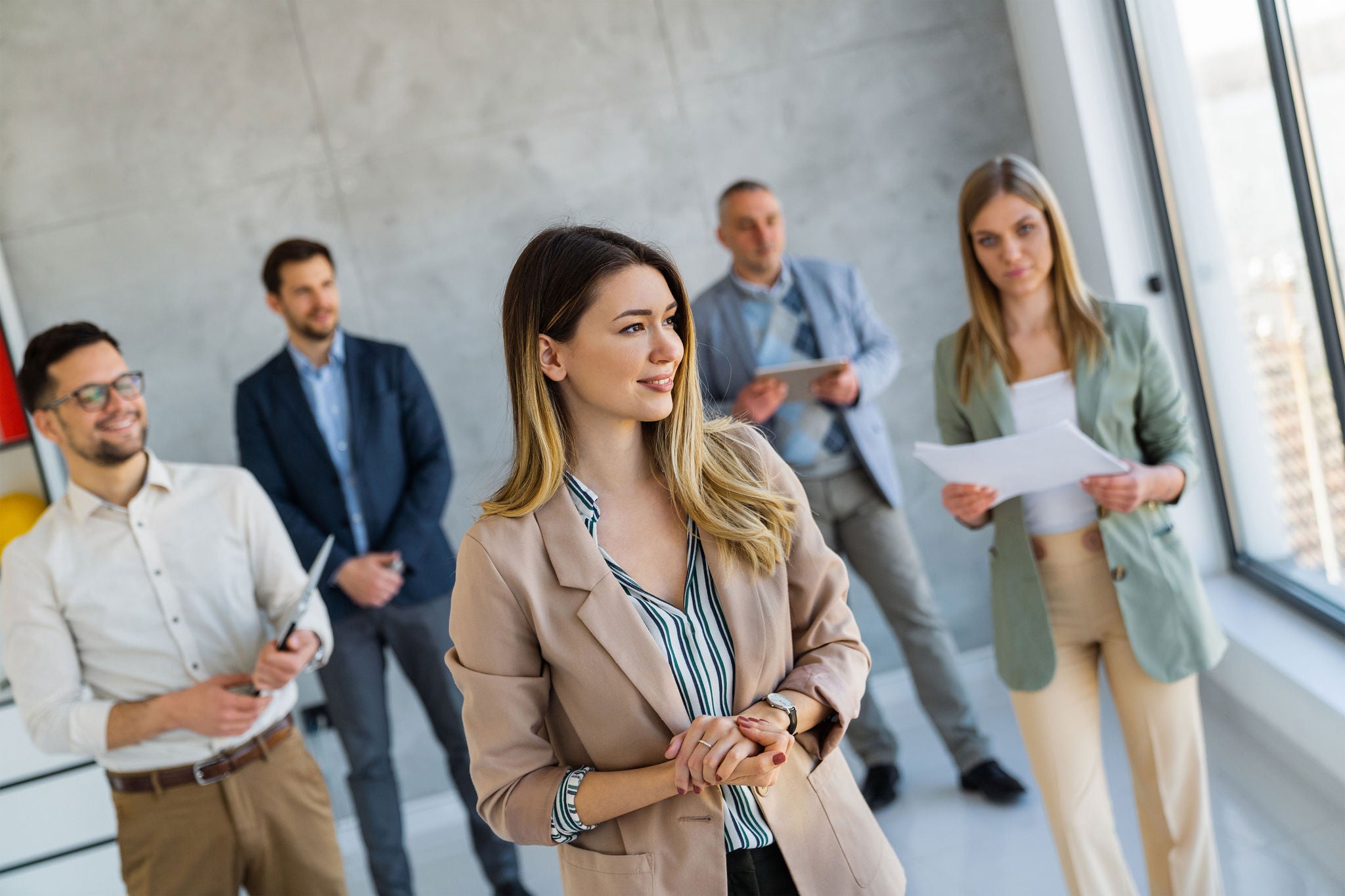 Happy business professional multicultural office team people recommend best corporate service