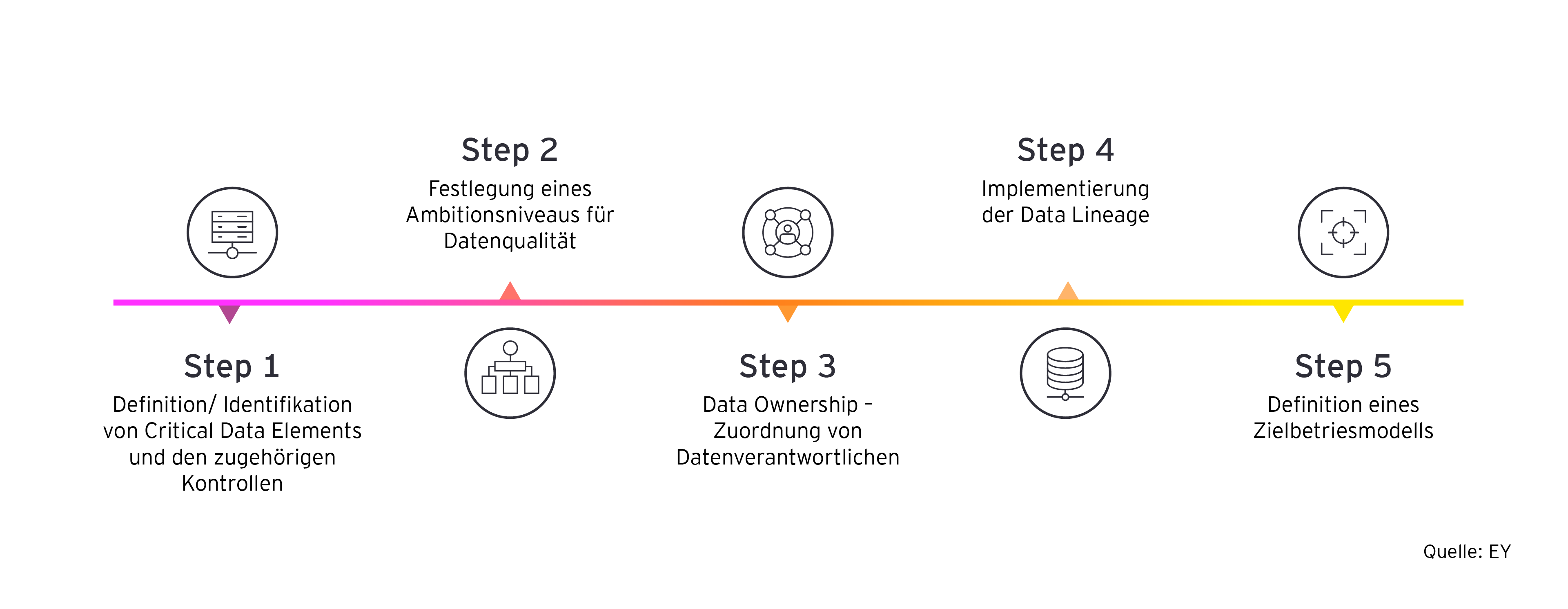Visualisierung eines fünfstufigen Modells zur Steuerung und Verbesserung von Datenqualität.