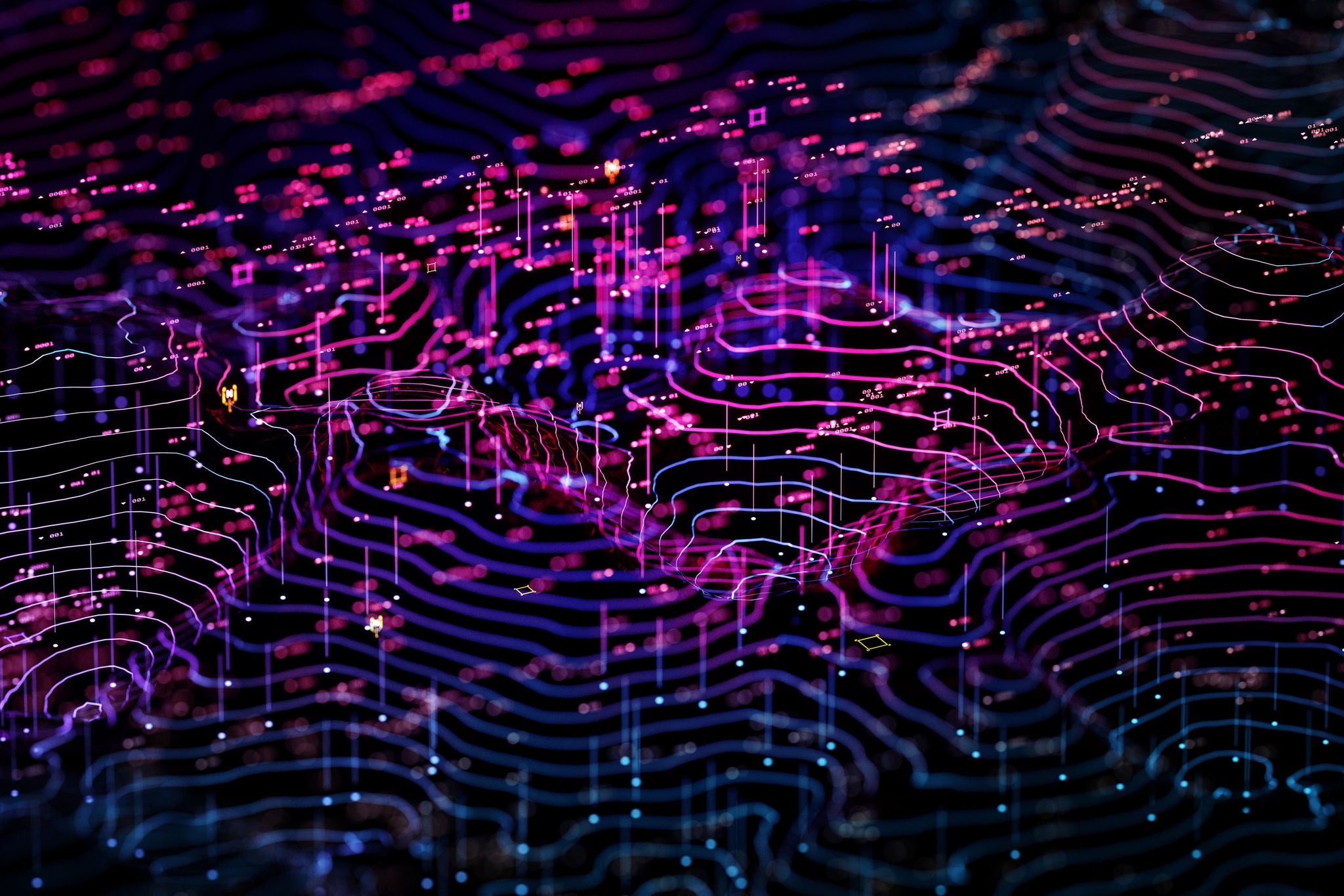 Digital generated image of multi coloured data against black background.