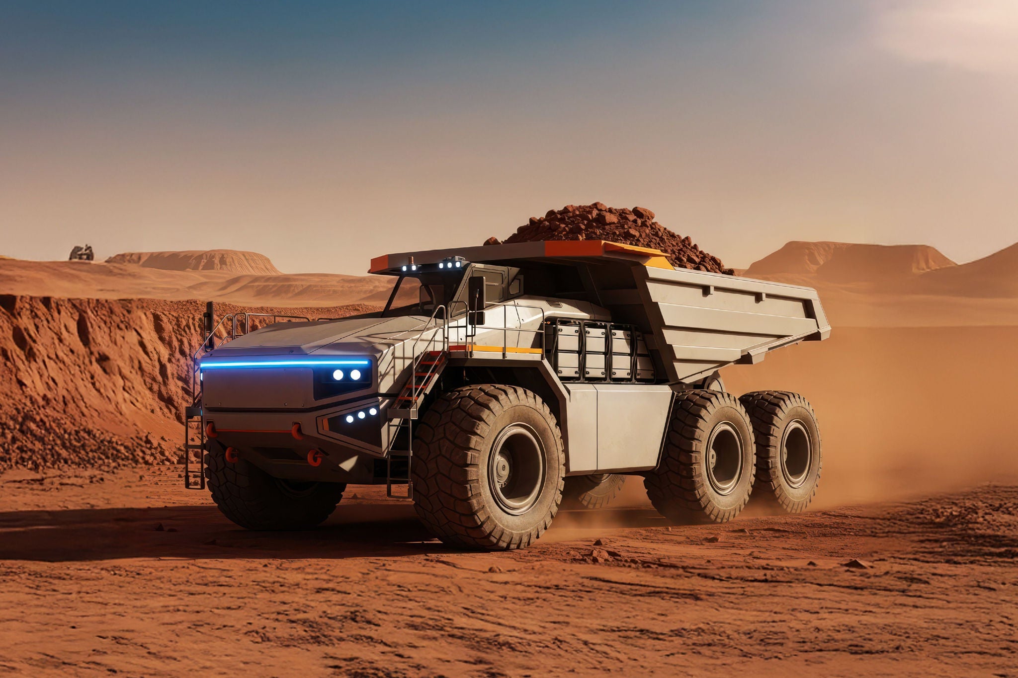 Futuristic mining truck driving across a dusty red landscape
