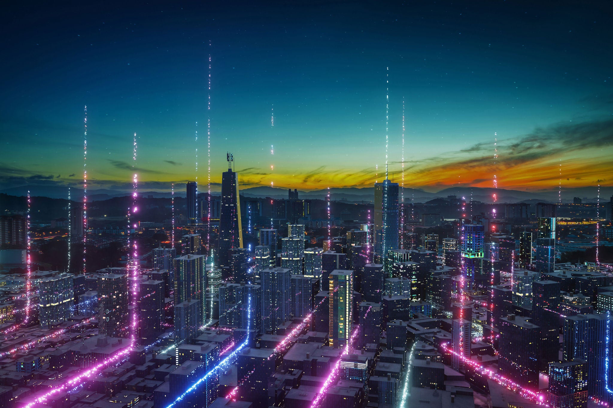 Smart city with particle glowing light connection design
