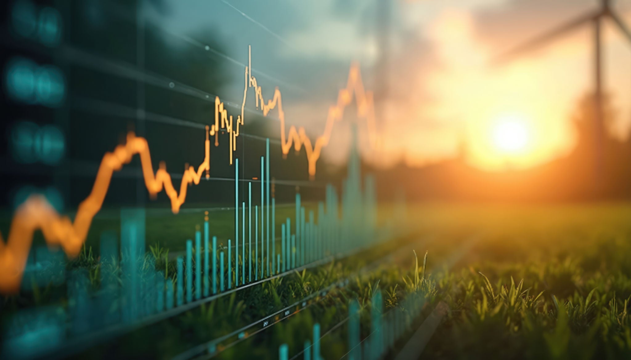 Economic graph shows rising energy prices and costs. Transition to renewable resources like solar and wind power, addresses climate change challenges and promotes energy independence.