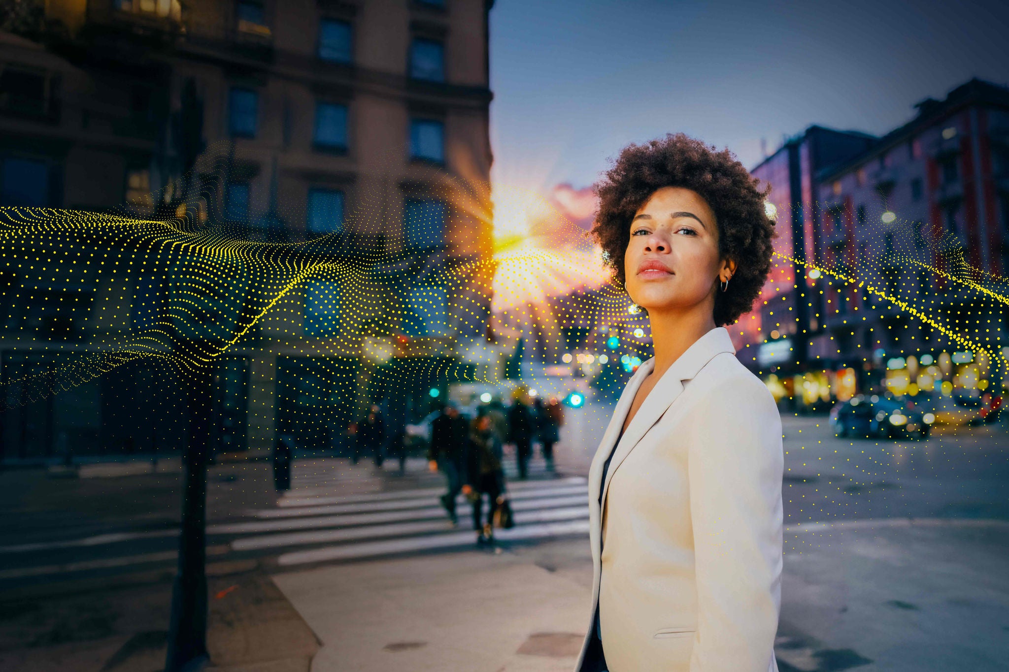 Business black woman posing confidently in the city