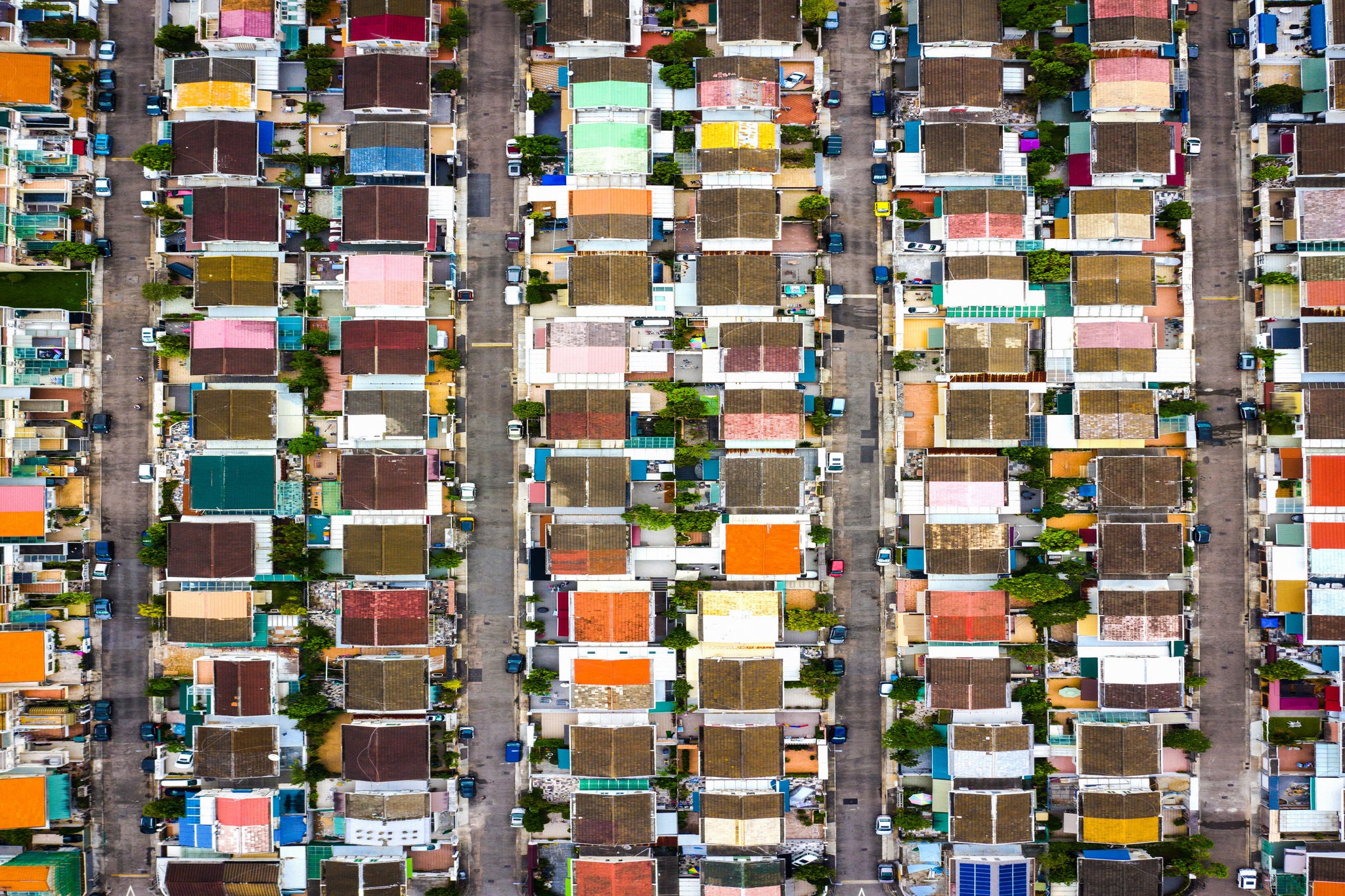 colorful housing row in top view