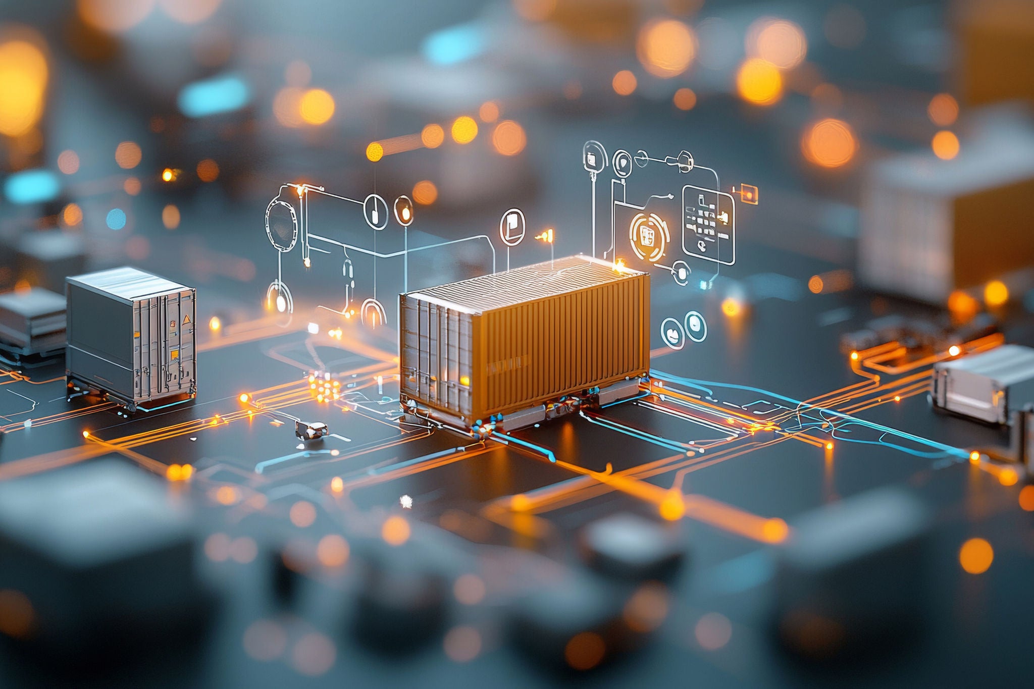 Logistics and supply chain management revolution digital city 3d render futuristic environment aerial viewpoint 