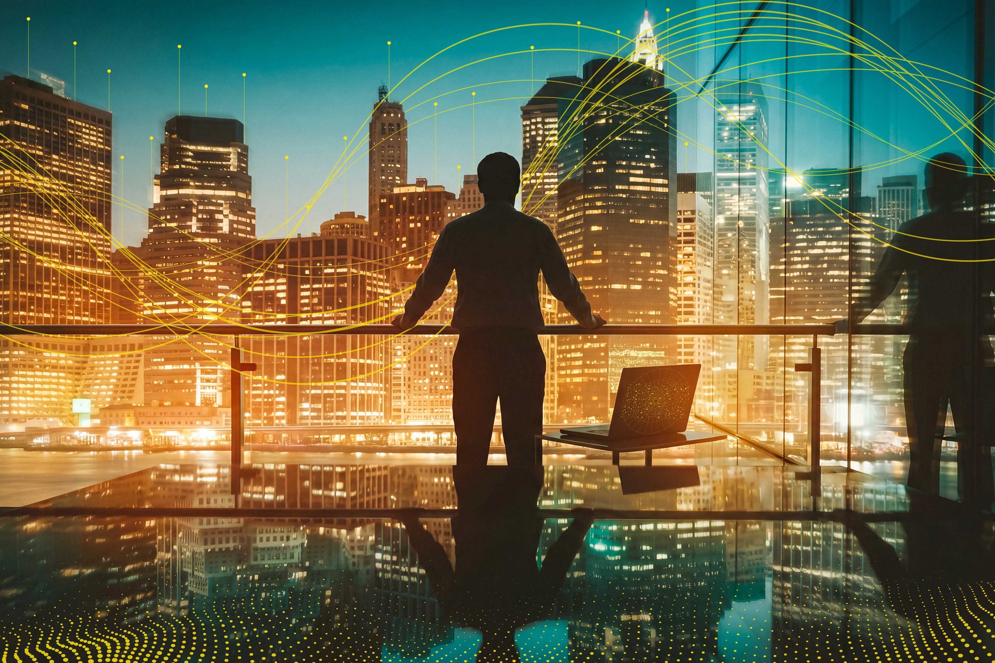 Confident businessman observing a vibrant city