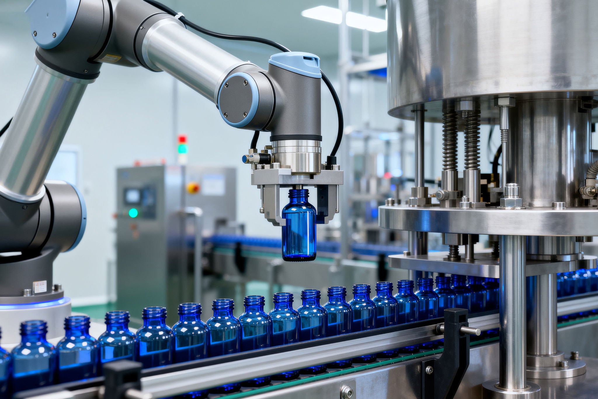 Robotic arm handling blue bottles on production line