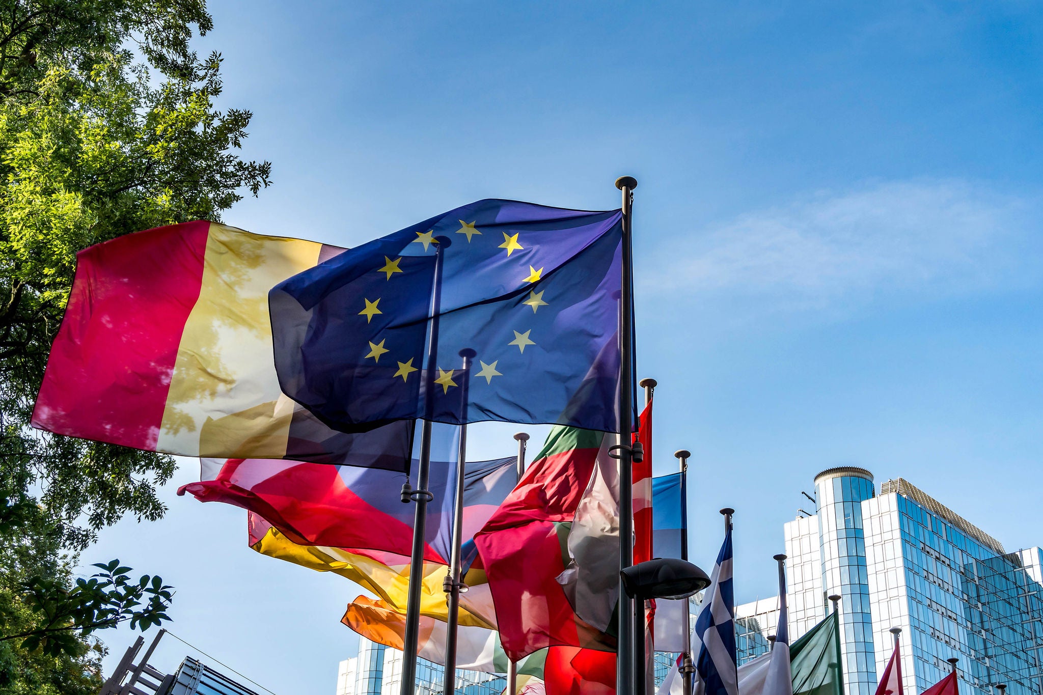 European national flags in front of European Parliament building