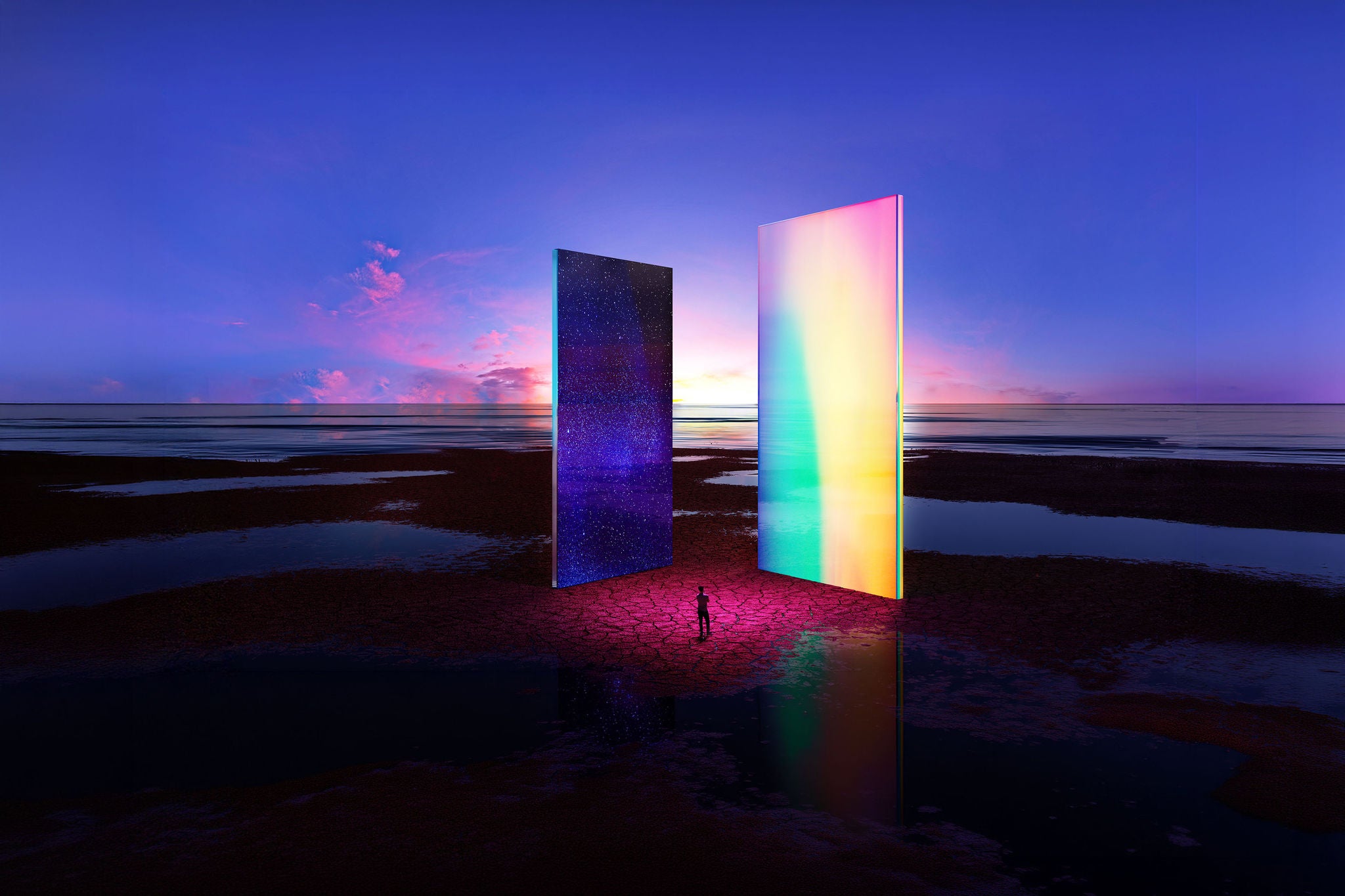 Digital generated image of man standing in front of  two portal doors in desert on sunset sky . Metaverse concept.