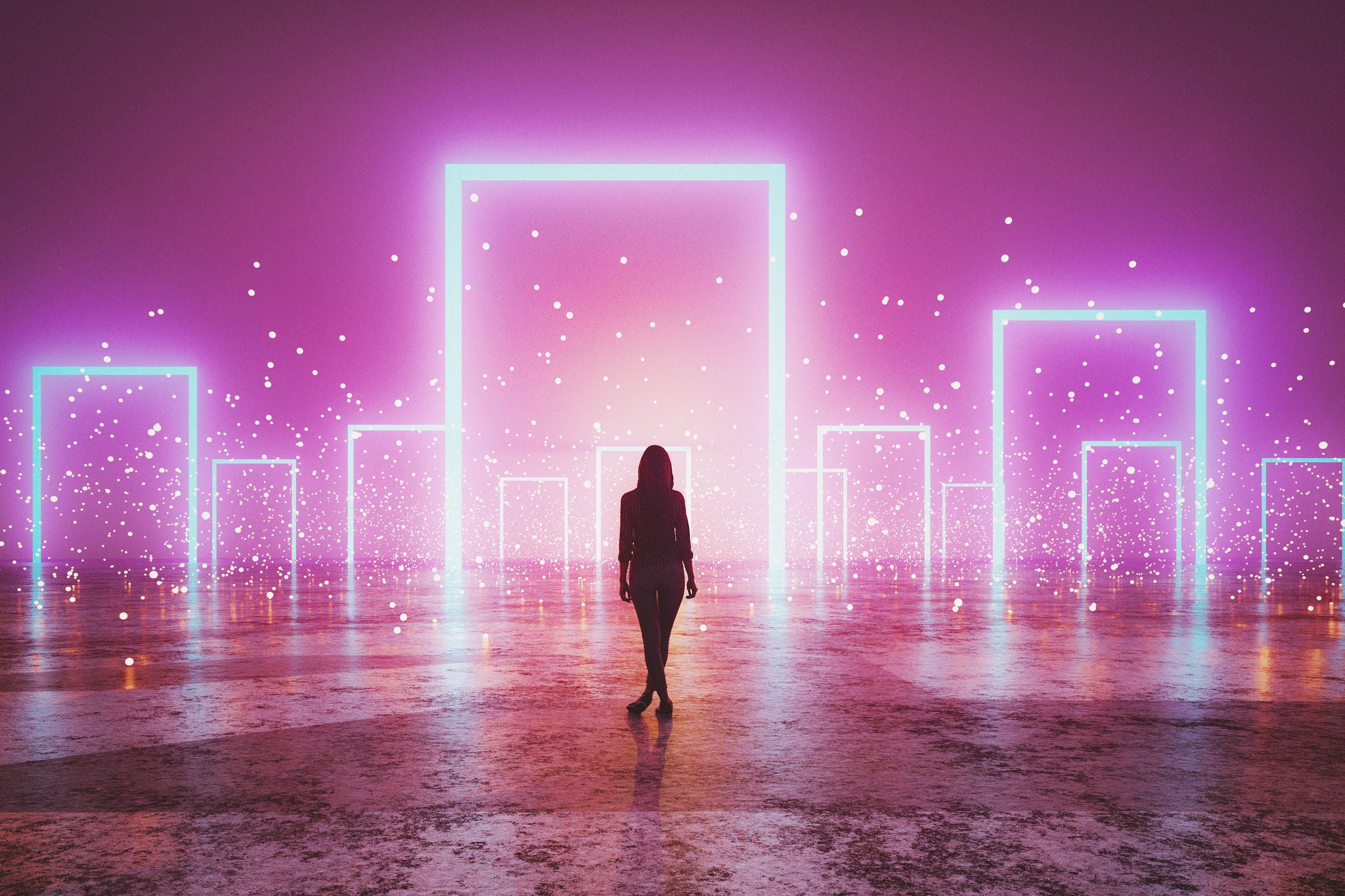 Persoon loopt door oplichtende digitale frames in een futuristische ruimte met neonlicht