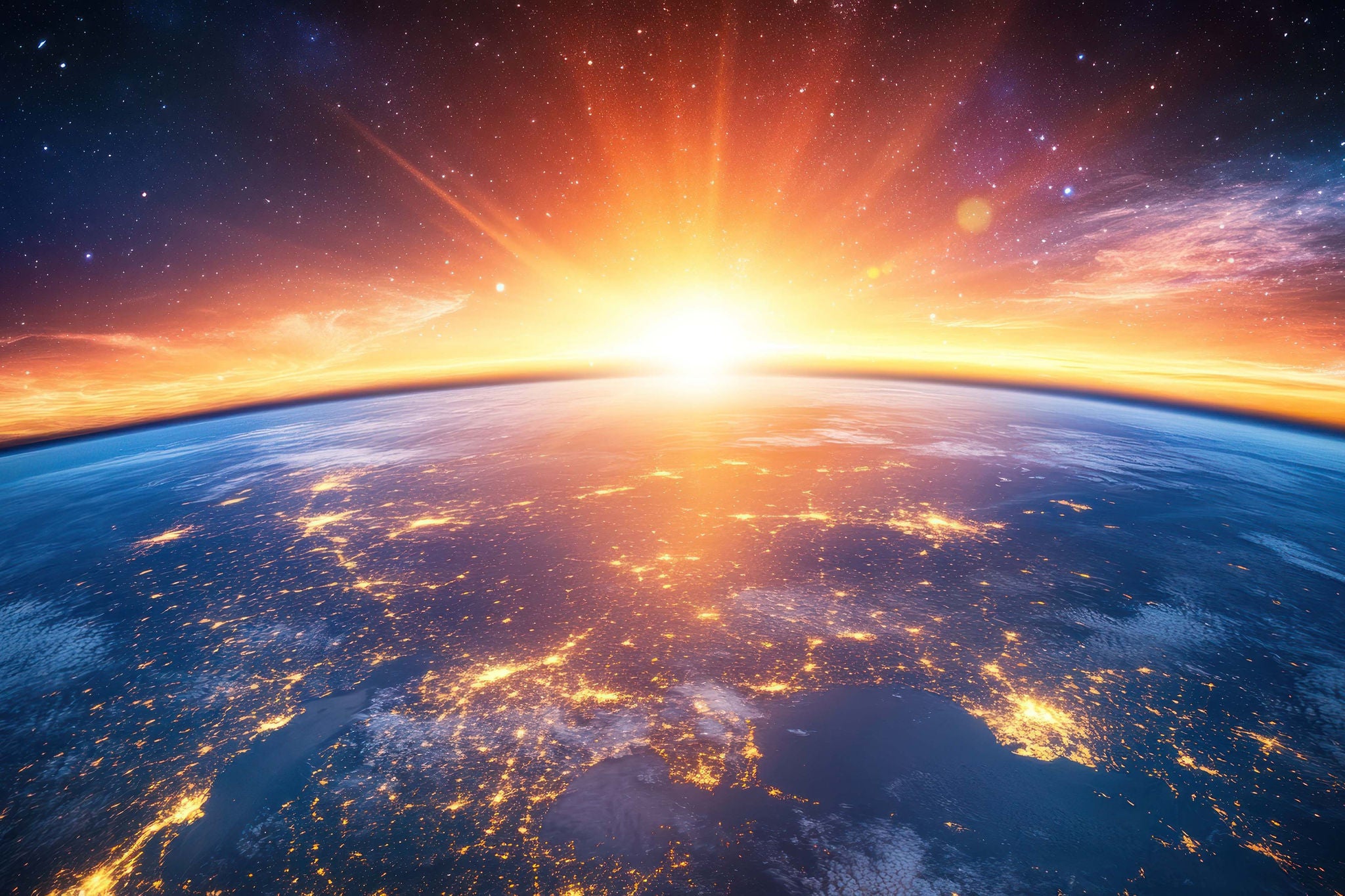 Soloppgang over jorden sett fra verdensrommet, med lysende byer og glødende horisont.