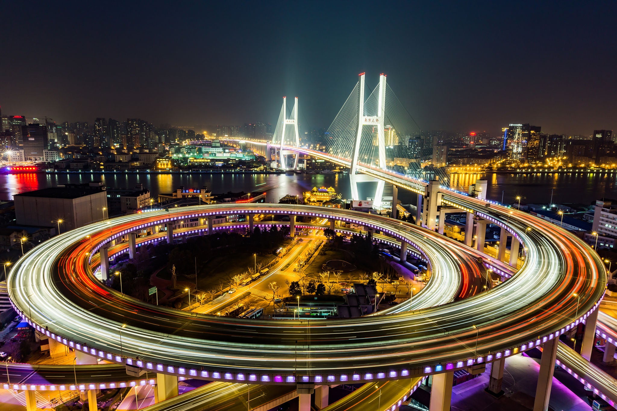 Shanghai Nanpu bridge with traffic lights at night