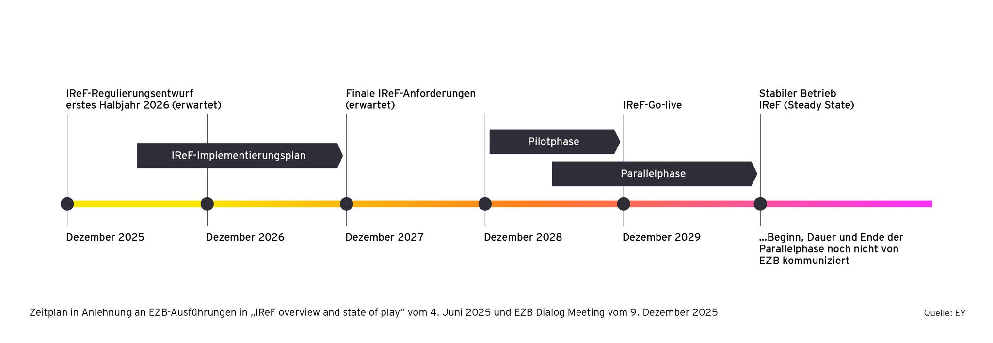 Umsetzungsphase ab 2025 mit Pilotphase 2029, Go-live Ende-2029 und anschließendem stabilen Betrieb.