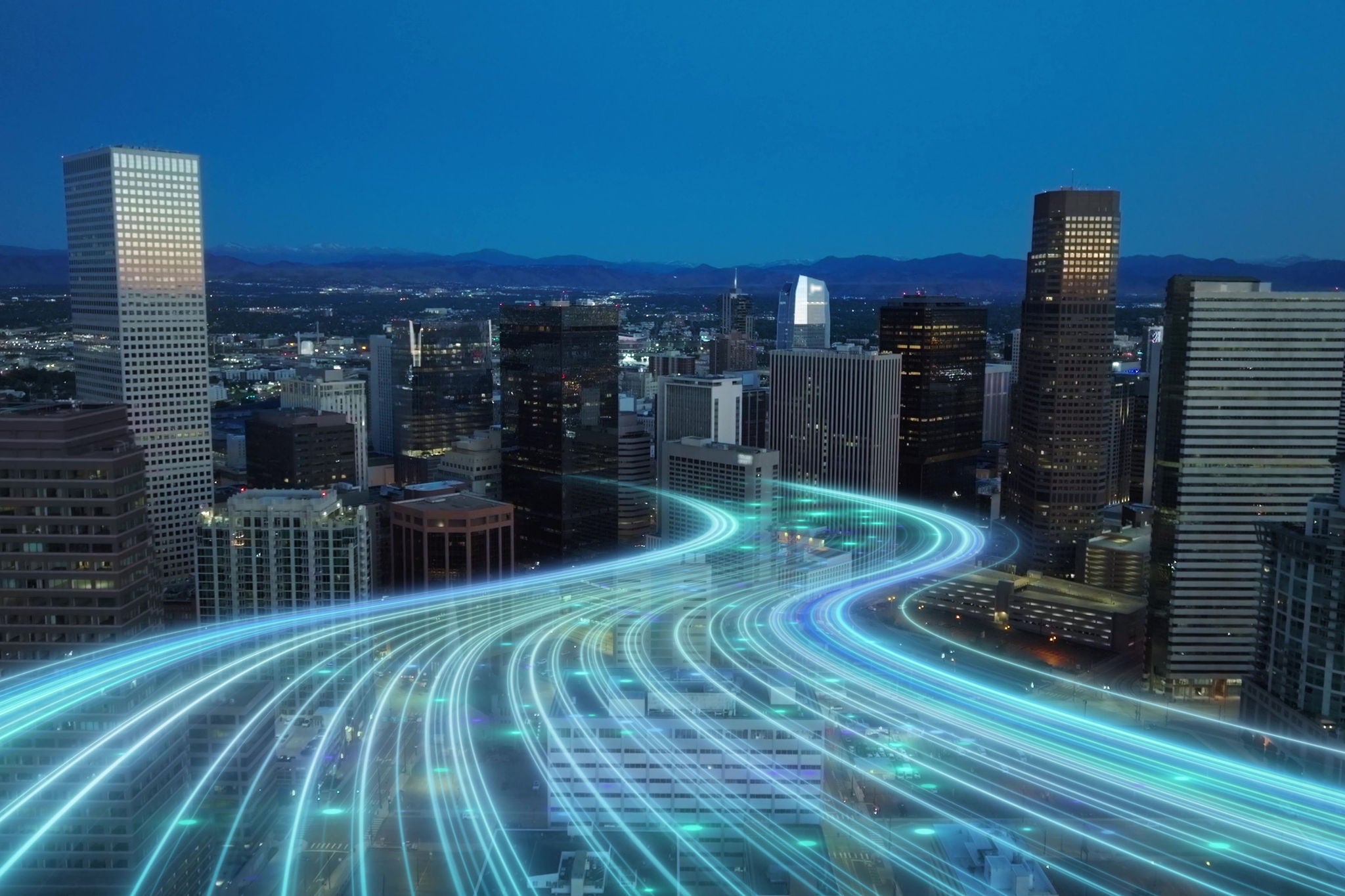 Modern American smart city with skyscrapers and digital animation showing business digitalization and new era of entrepreneurship