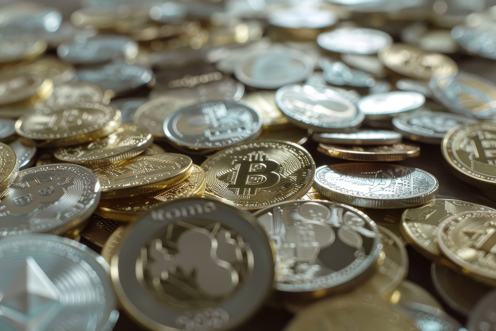 The image is a close-up photograph of a pile of physical cryptocurrency coins scattered on a wooden surface. The coins are a mix of gold and silver colors, with various symbols visible. 