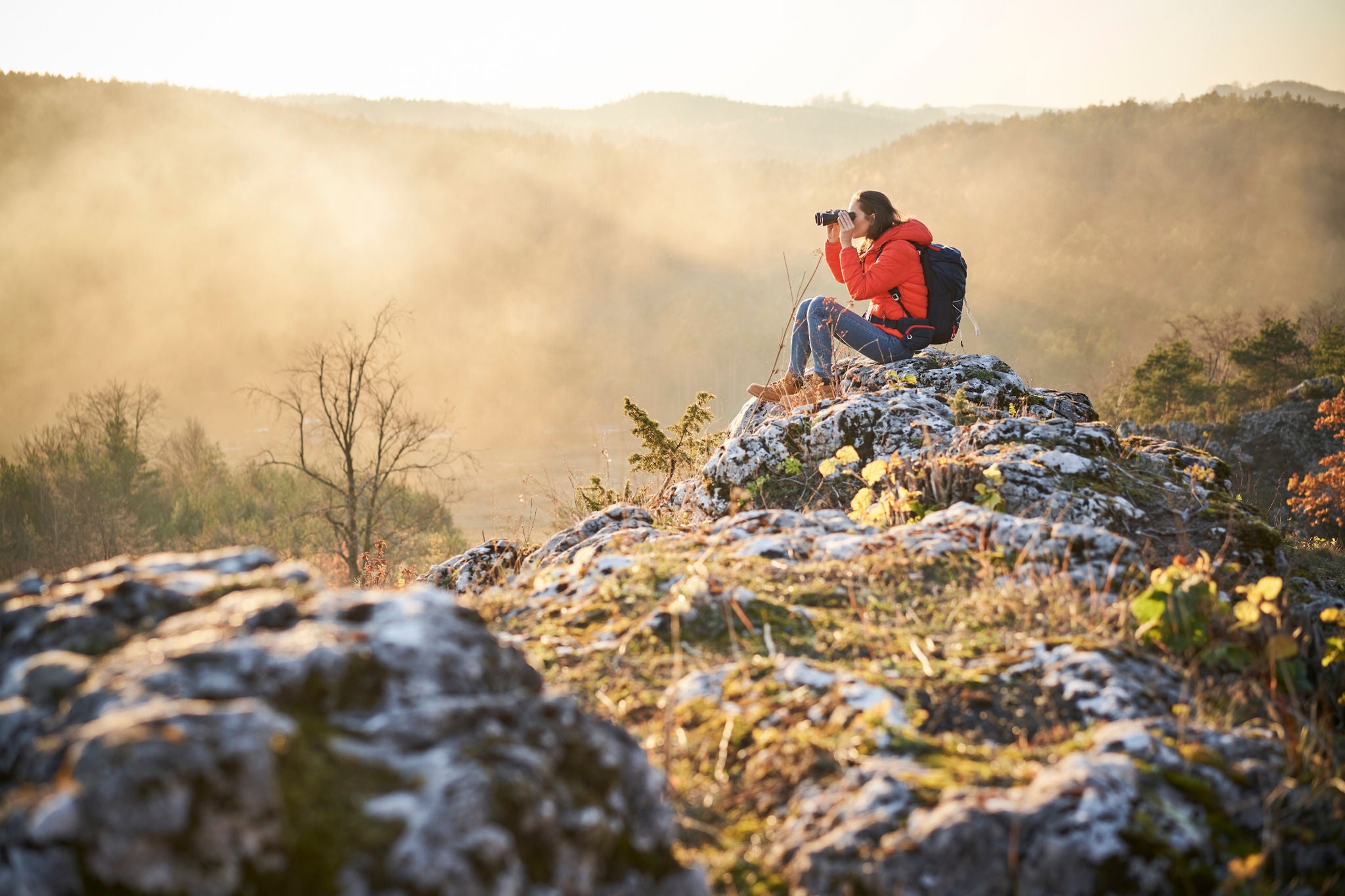 Hiker overlooking mountain landscape