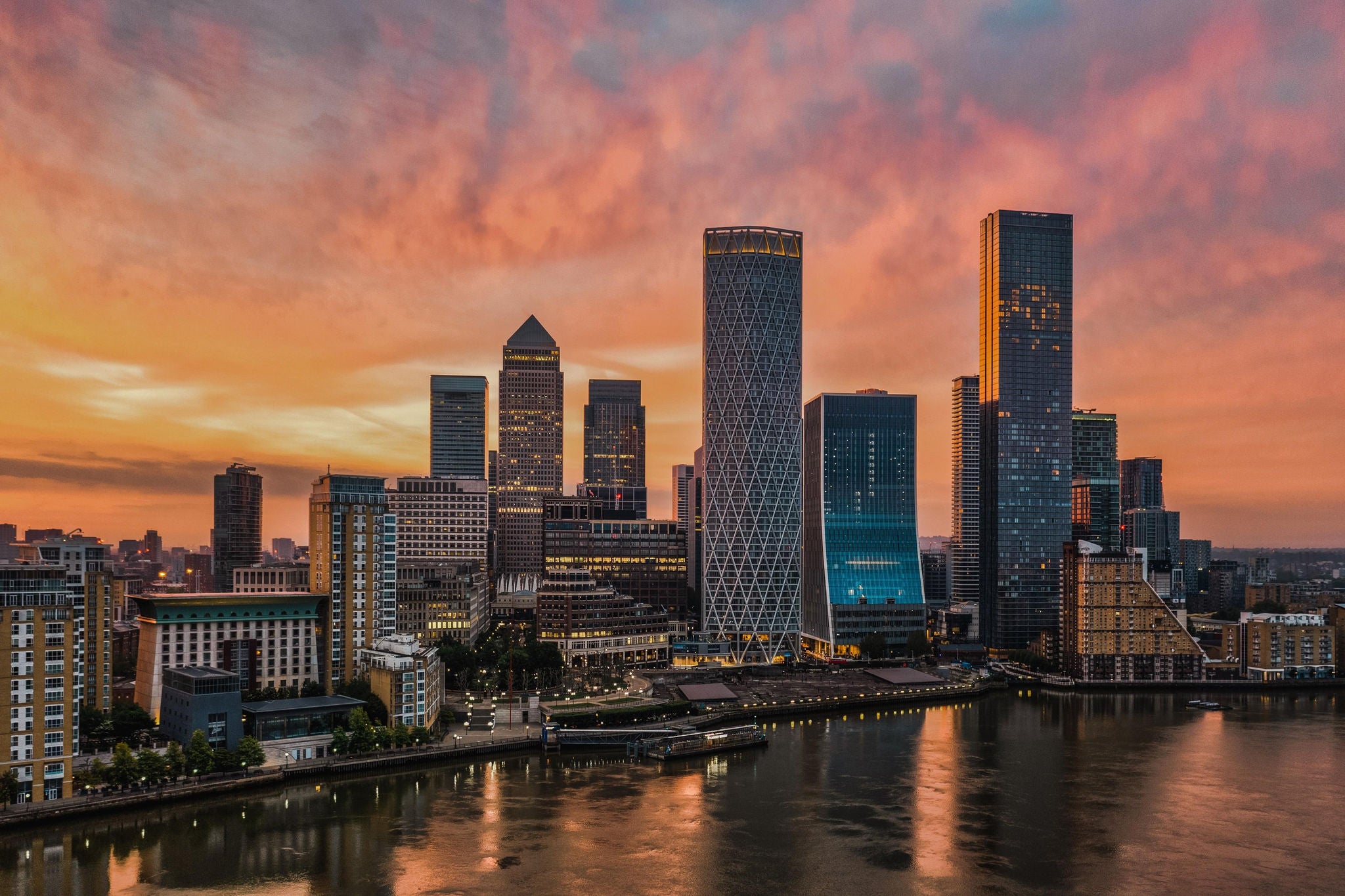 The Canary Wharf skyline at sunrise london
