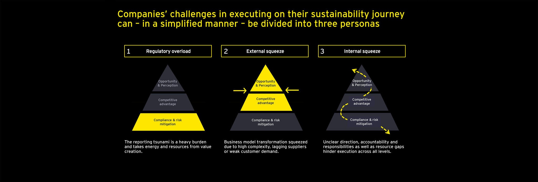 Three pyramid diagrams showing regulatory, external and internal sustainability challenges
