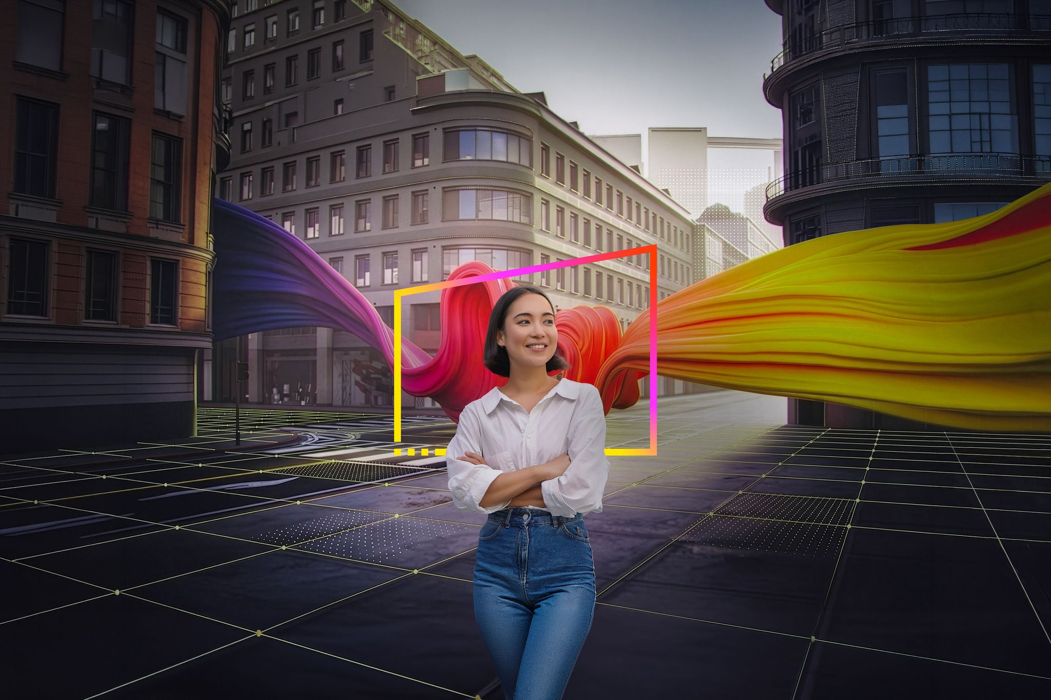 A woman stands infront of a colorful curvy object in the city