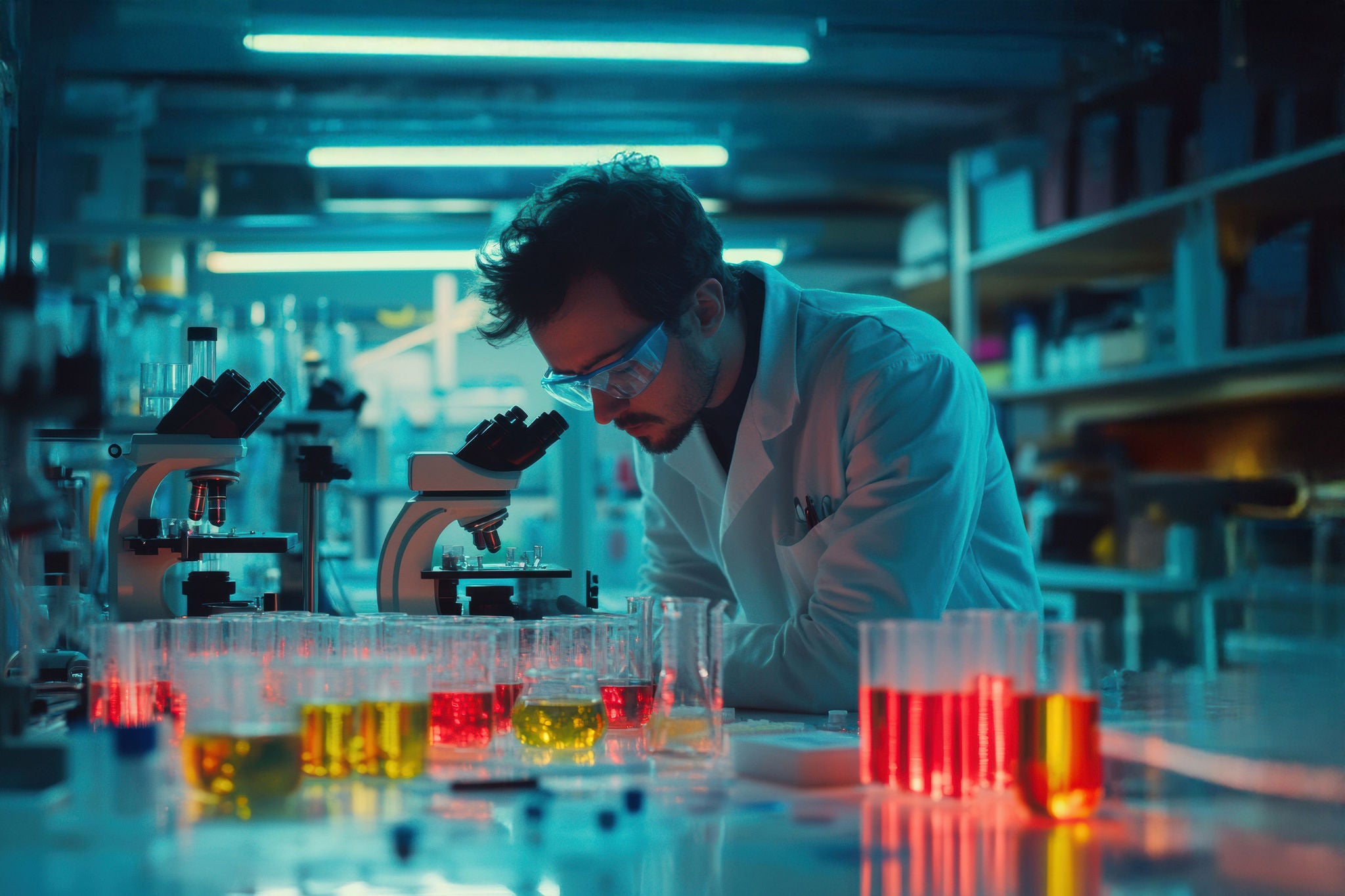 A scientist in a lab coat focuses on experiments with vibrant liquids in test tubes