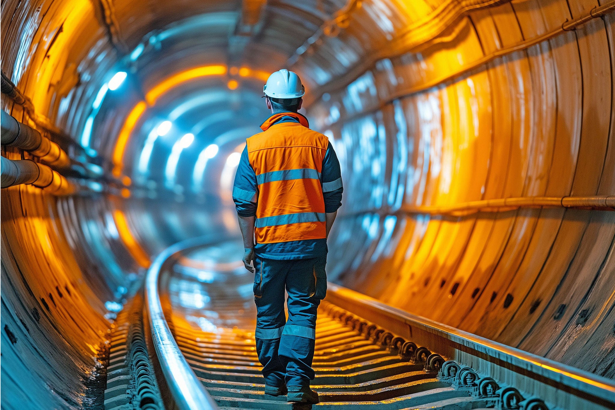 Construction man walking on tracks in train tunnel