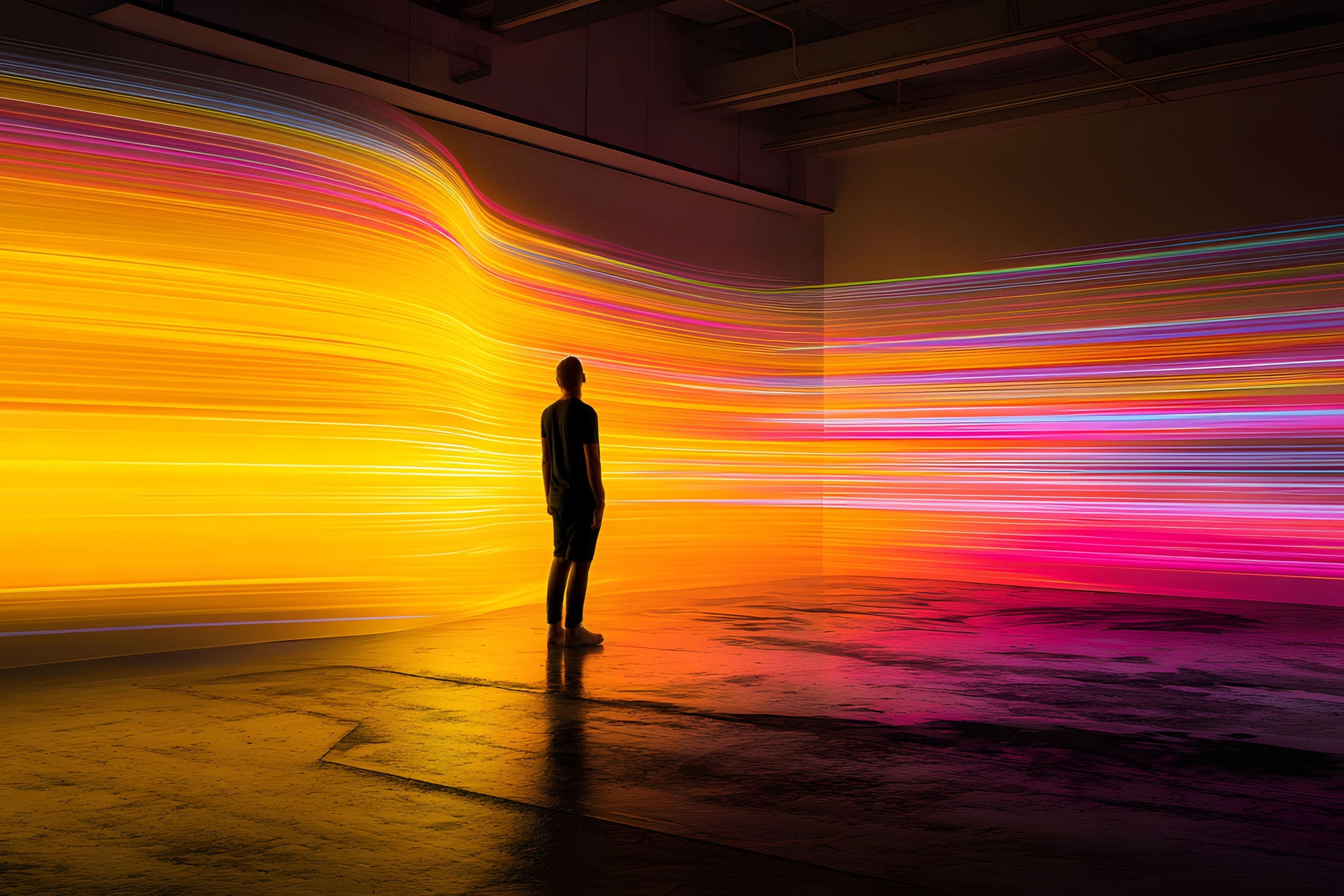A person stands silhouetted against a backdrop of vibrant, horizontal light trails in a dark room, creating a dynamic and artistic composition.