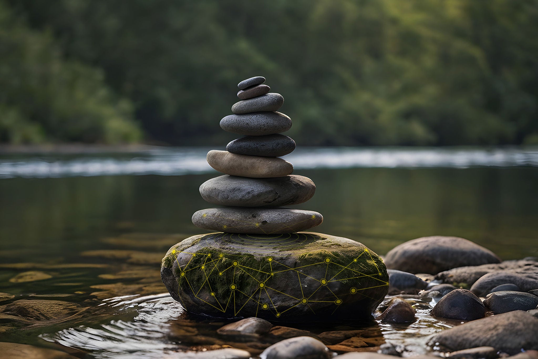 Gestapelte Steine am Fluss mit digitalem Netzwerk als Metapher für Balance.