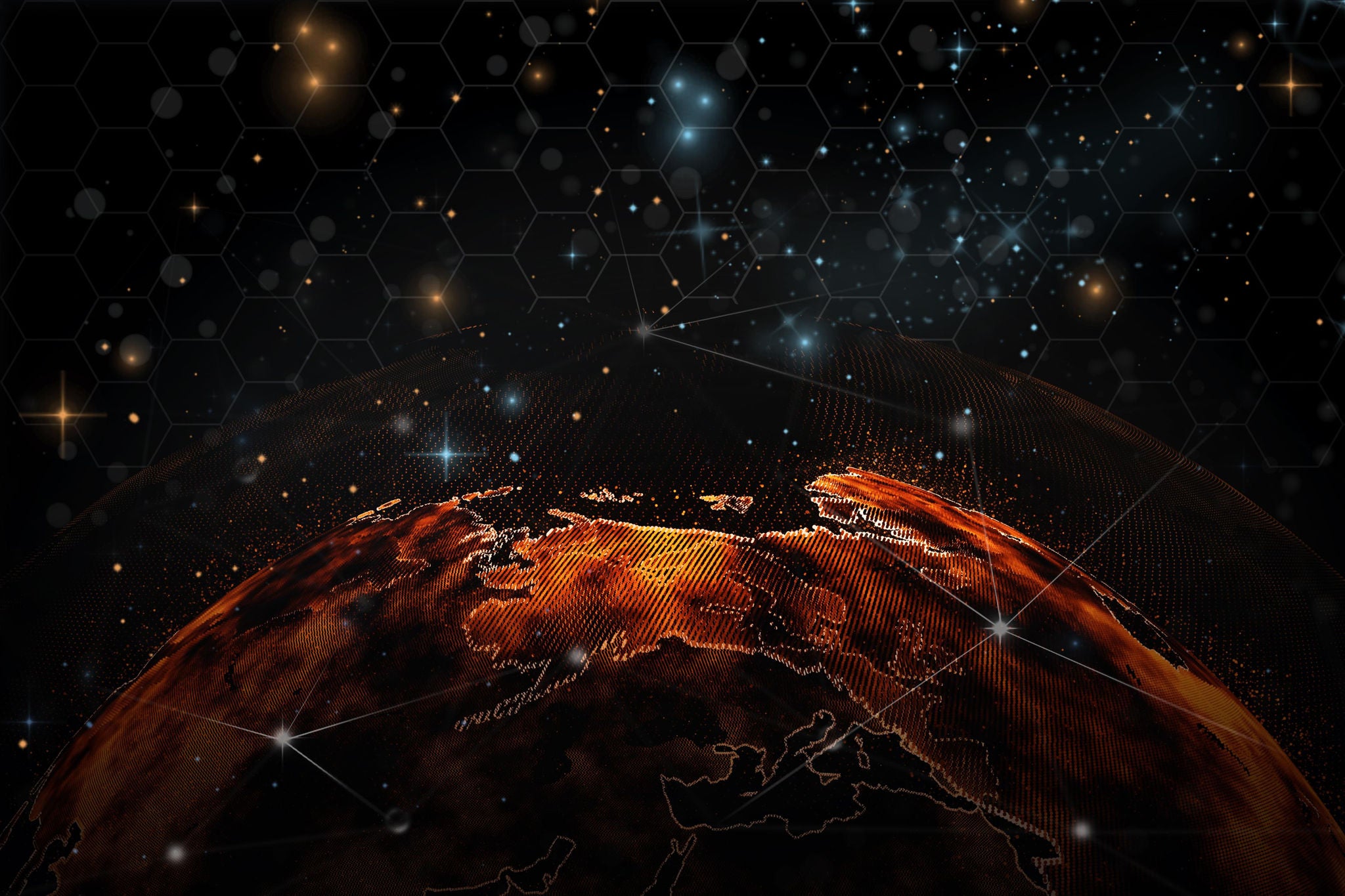 Digital illustration of Earth with glowing network lines and stars.
