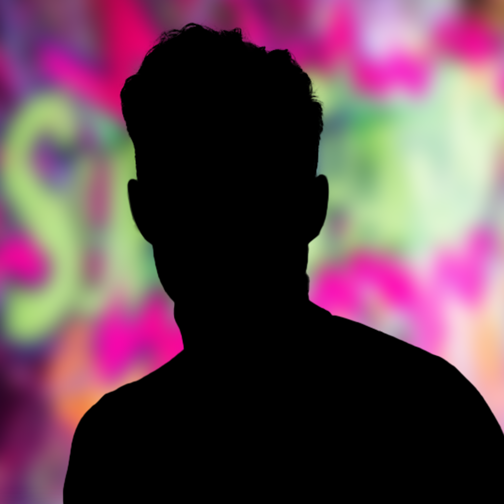 Schwarze Silhouette eines Mannes vor einem bunten Hintergrund.