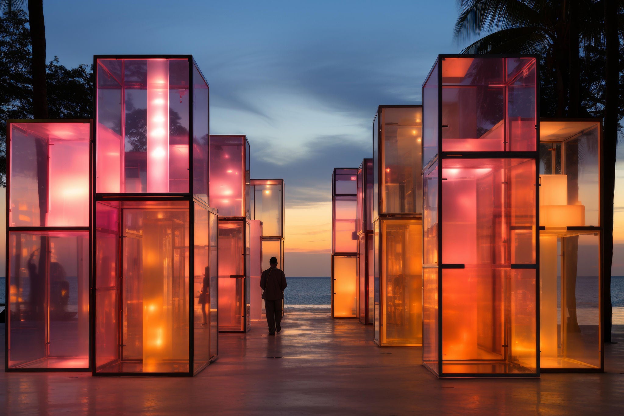 Man standing between colorful glass pillars