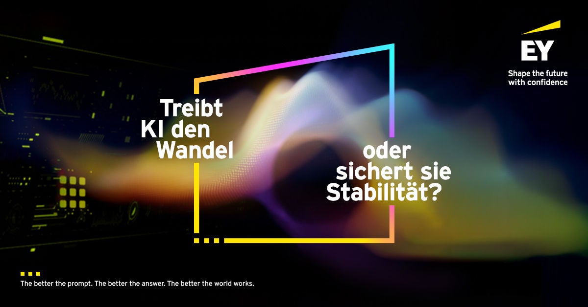 Abstrakte KI-Grafik mit bunten Wellen und Text über Wandel, Stabilität und EY Branding Provide your feedback on BizChat