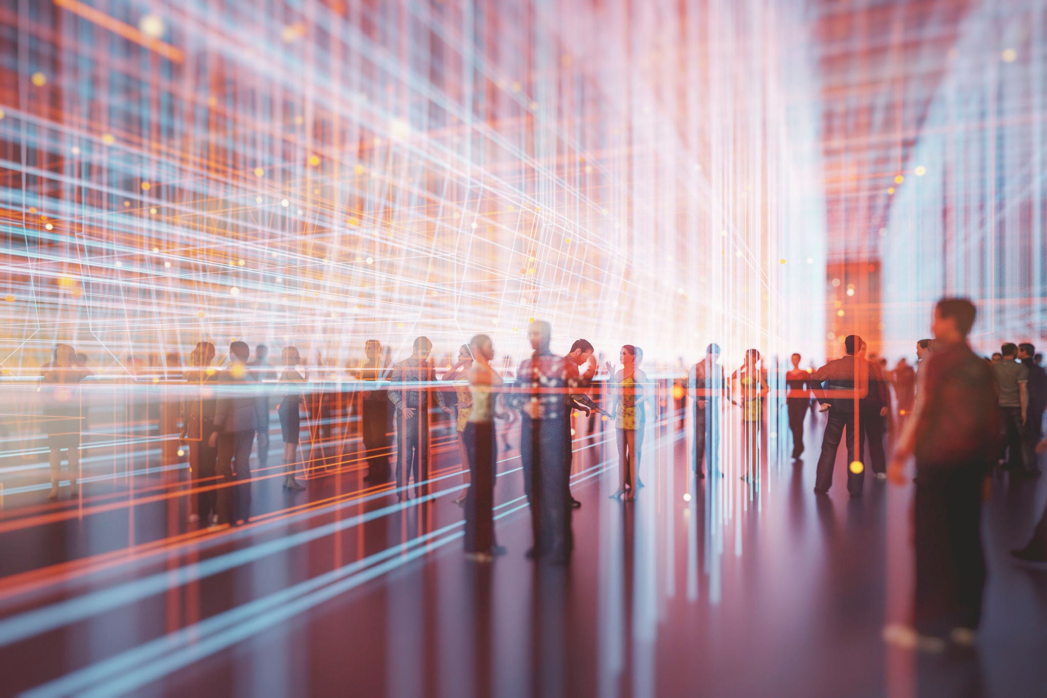 Abstract crowds of people with virtual reality street display. This is entirely 3D generated image.