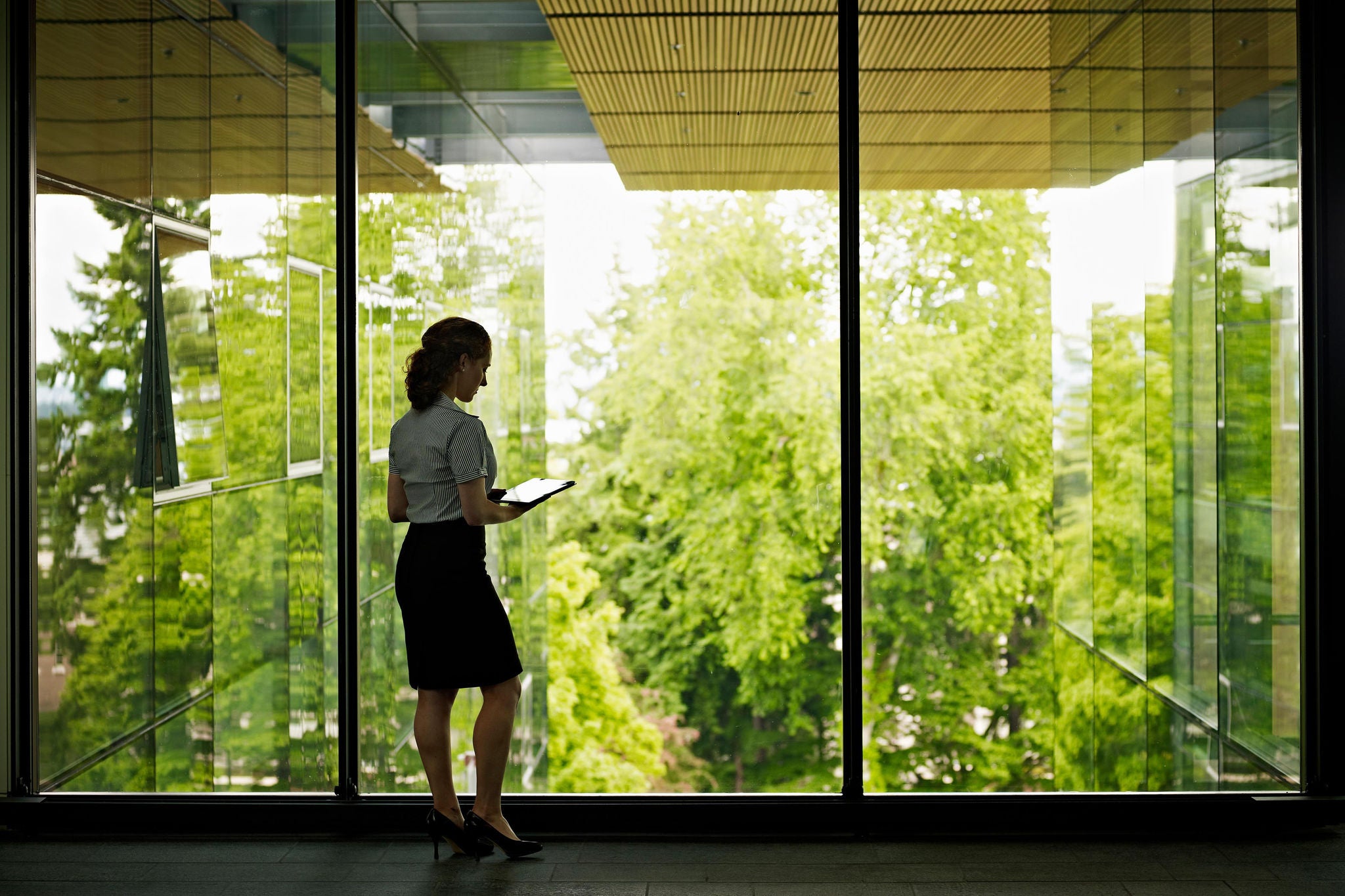 Businesswoman holding tablet standing at windows looking green nature