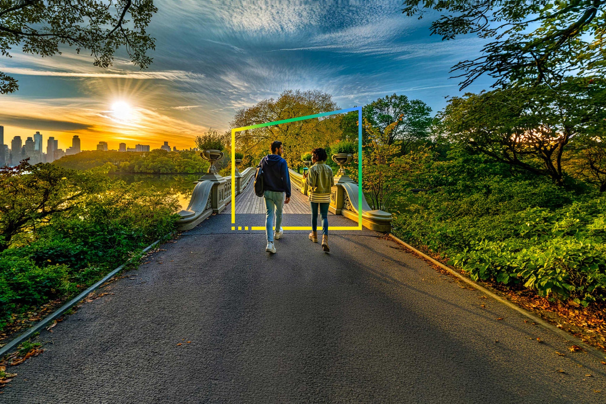People walk along the roads to the parks on a sunny spring day. 