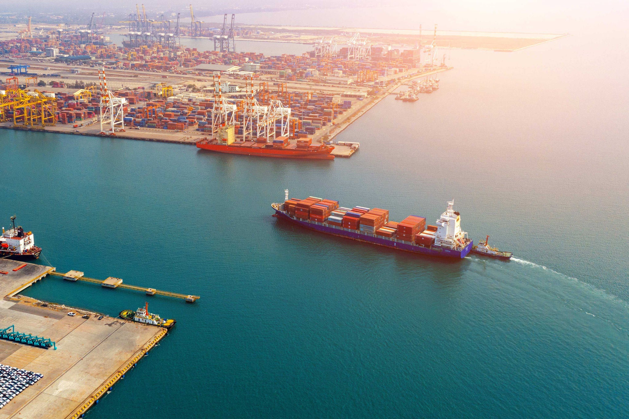Aerial view of container cargo ship