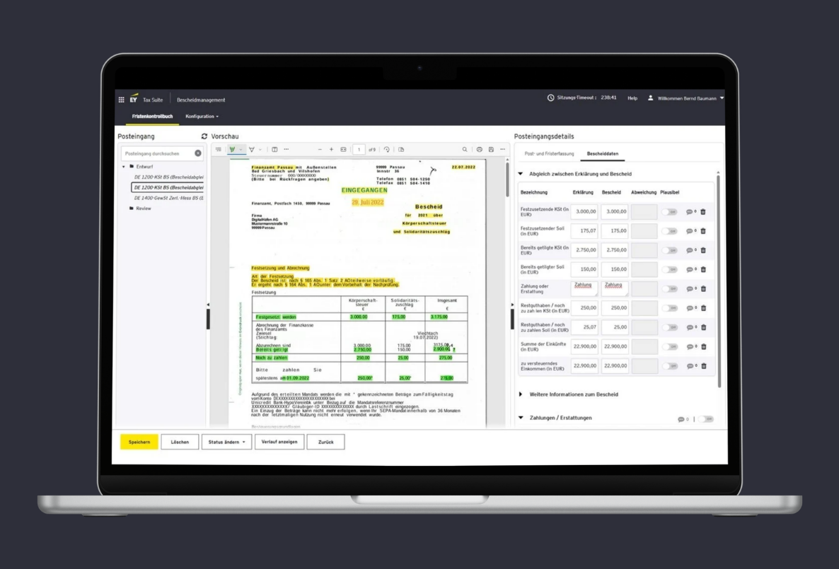 Laptop zeigt Posteingang des Tax Notice Centers