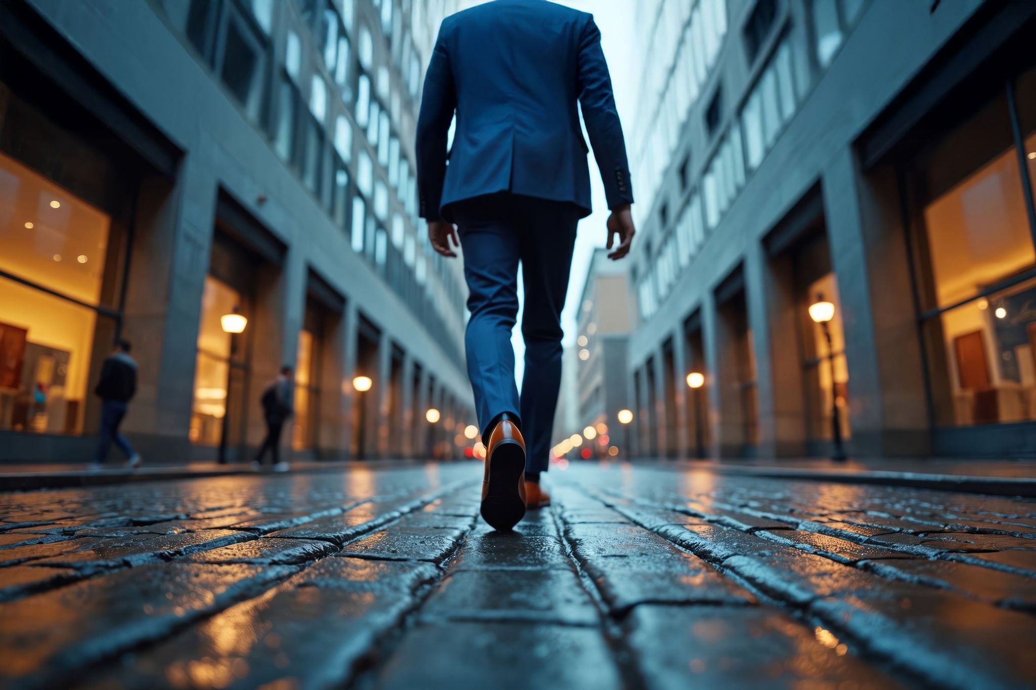 Business person walks down wet city street in formal suit.