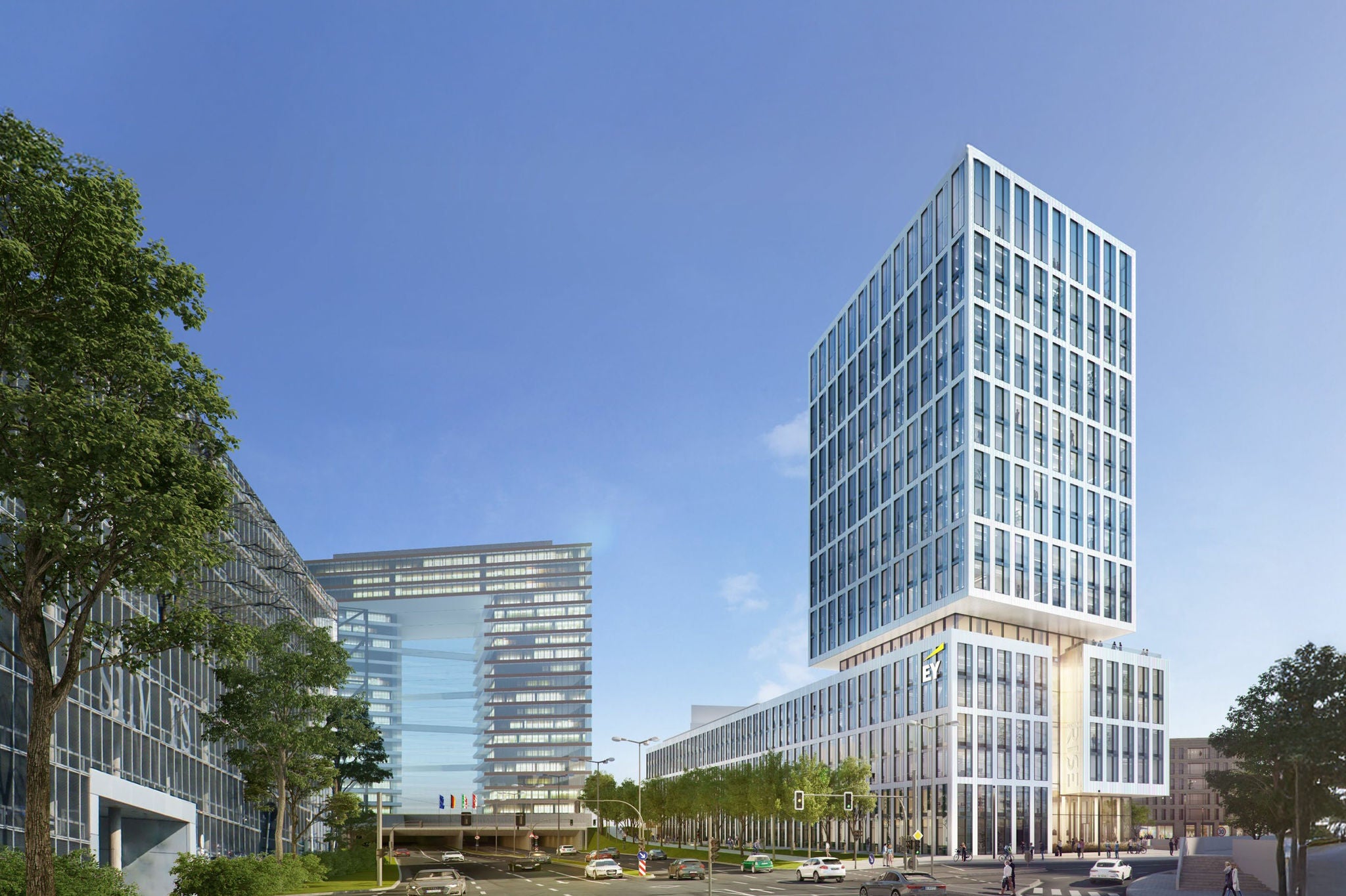 Moderne Gebäude und Straßen mit Autos, Bäumen und klarer Struktur prägen diese urbane Szene heutig