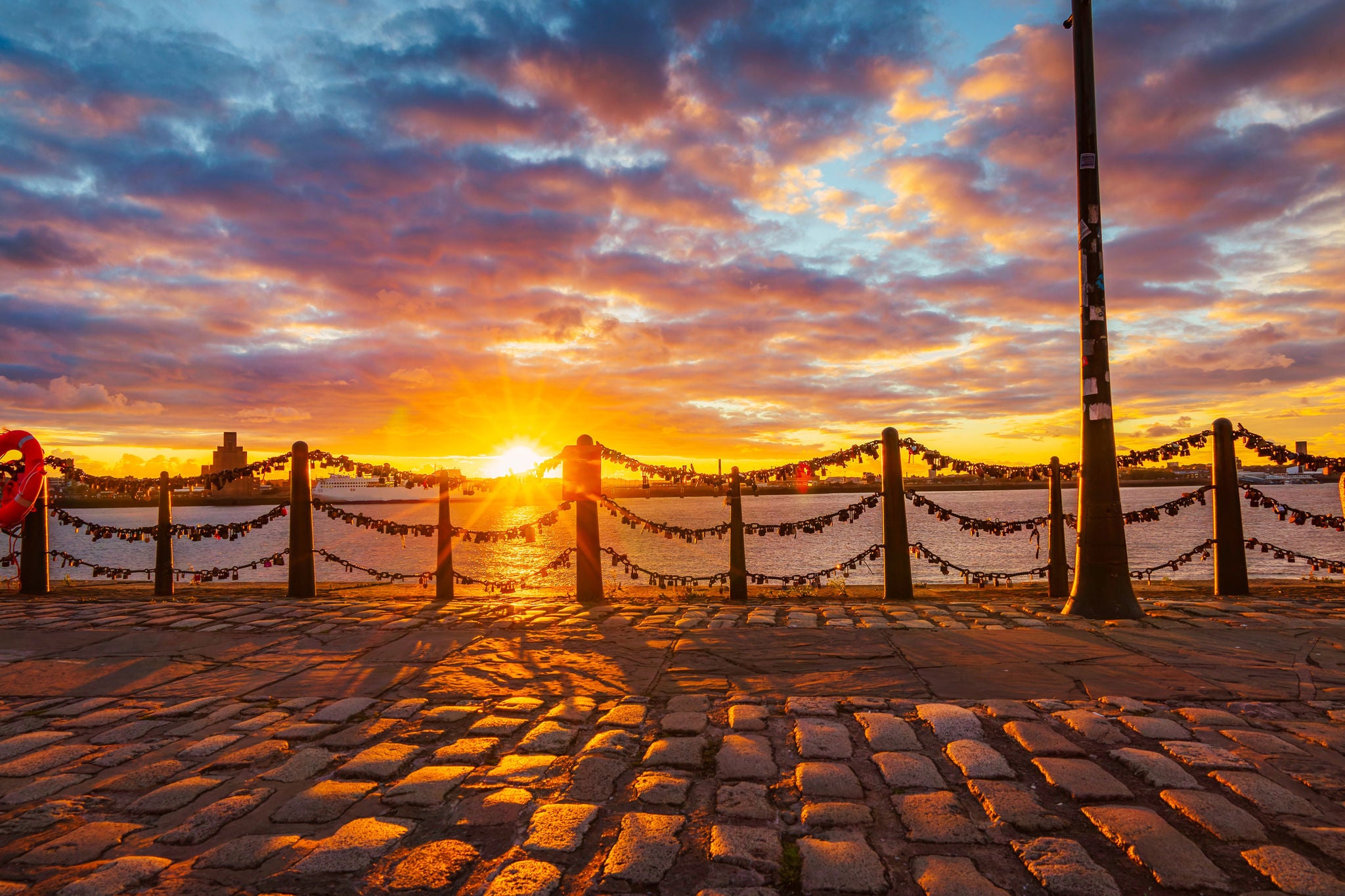 Sunset view along Royal Albert Dock waterfront walkway