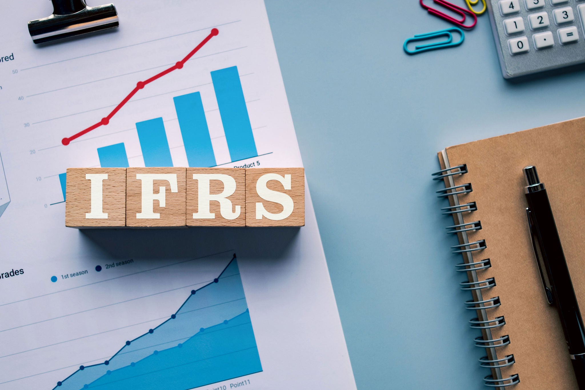 IFRS-Holzbuchstaben neben Diagrammen und Bürobedarf auf modernem Arbeitsplatz.